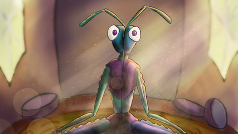 A slender anthropomorphic cross-legged insect in seated meditation